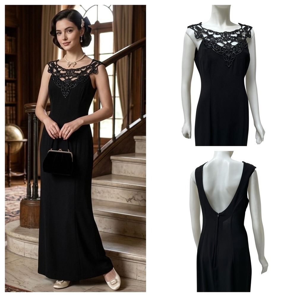 Vintage Maxi Gown Black Lace Gothic Vampy Glam Evening 90's Prom Dark Romance